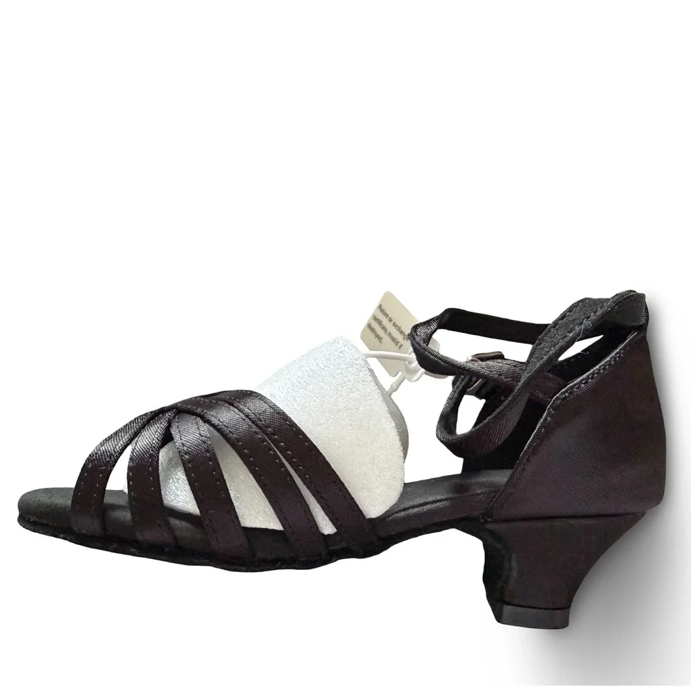 DanceandSway Kids Black Satin Latin Ballroom Dance Shoes Sz 7.5 EU 24 1.9